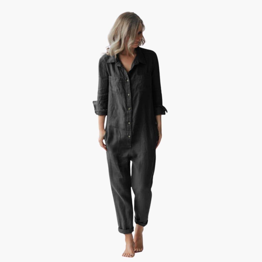 Women's Long Sleeve Jumpsuit with Button-Down Front and Chest Pockets