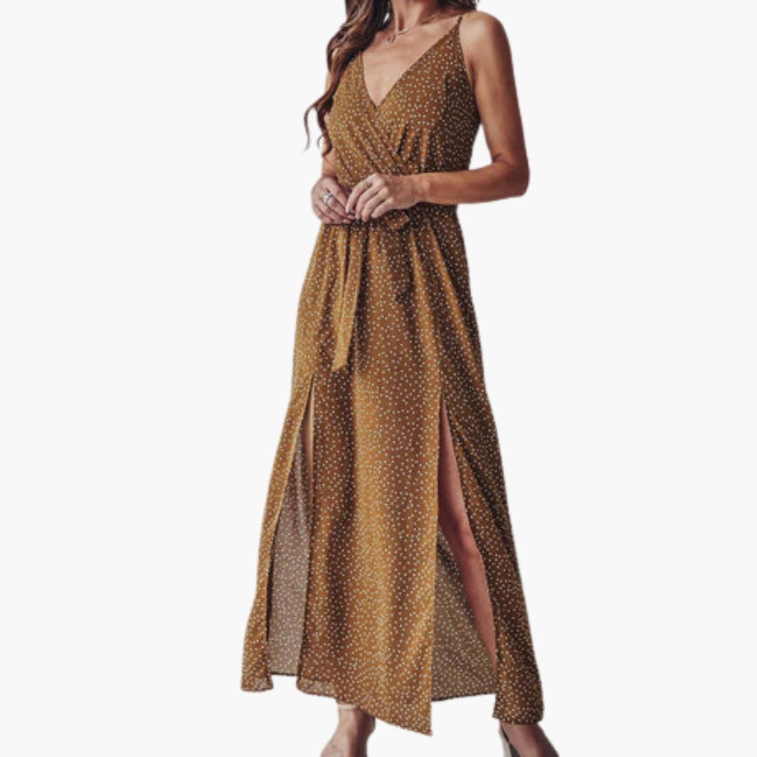 Women’s Long Beach Dress with V-Neckline and Tie Waist
