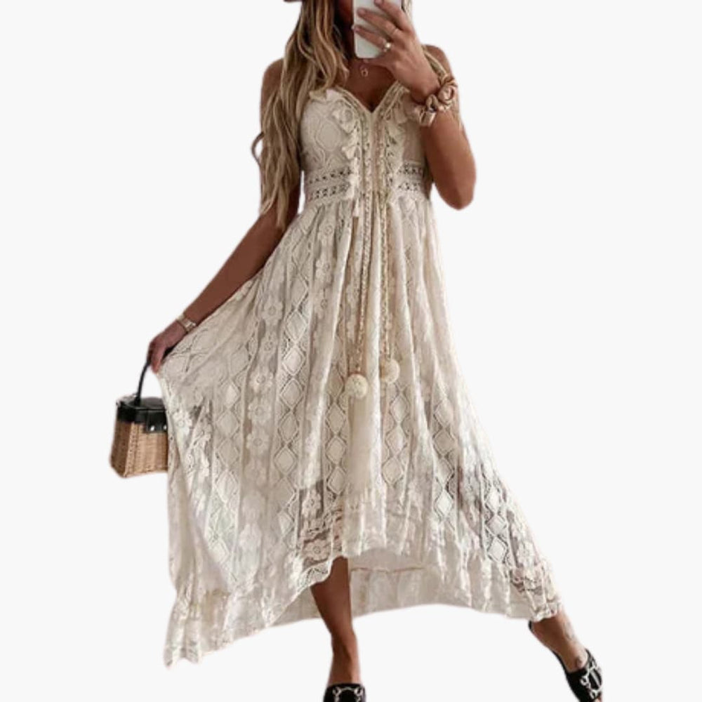 Women’s Lace Sleeveless Dress with V-Neckline and Tassel Tie