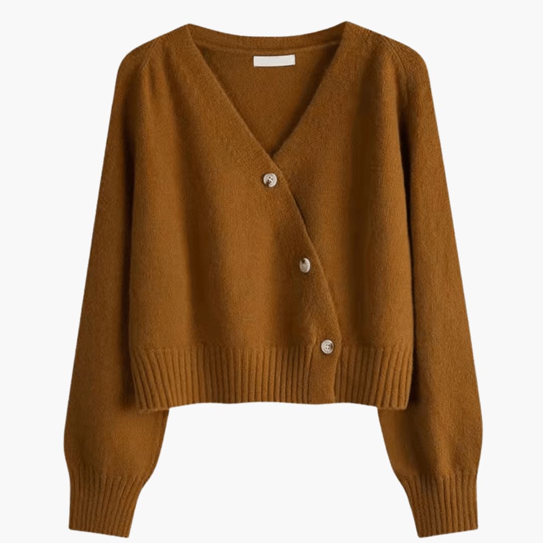 Women's V-Neck Buttoned Cardigan with Long Sleeves and Ribbed Hem