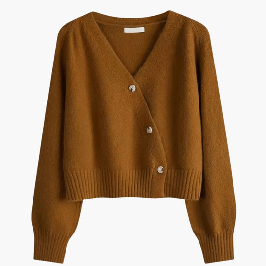 Women's V-Neck Buttoned Cardigan with Long Sleeves and Ribbed Hem