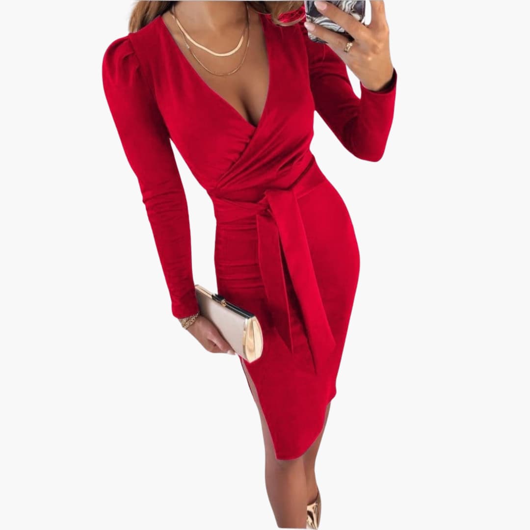 Women’s Bodycon Dress with Waist Tie and V Neck