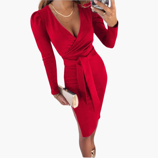 Women’s Bodycon Dress with Waist Tie and V Neck