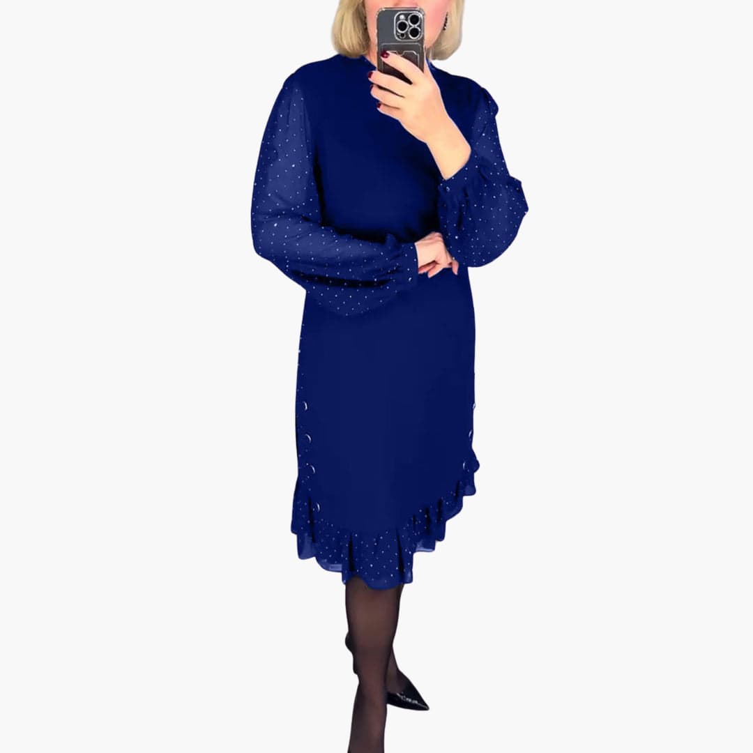 Women's Knee-Length Dress with Sheer Sleeves and Ruffle Hem