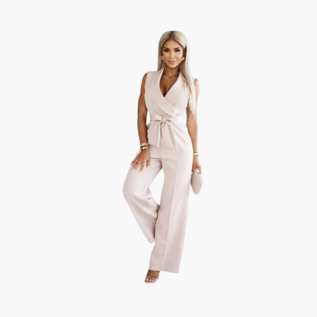 Women's Tailored Jumpsuit with V-Neckline and Wrap-Around Waist Tie