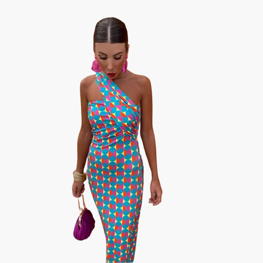 Women's Midi Dress with One-Shoulder Neckline and Geometric Pattern