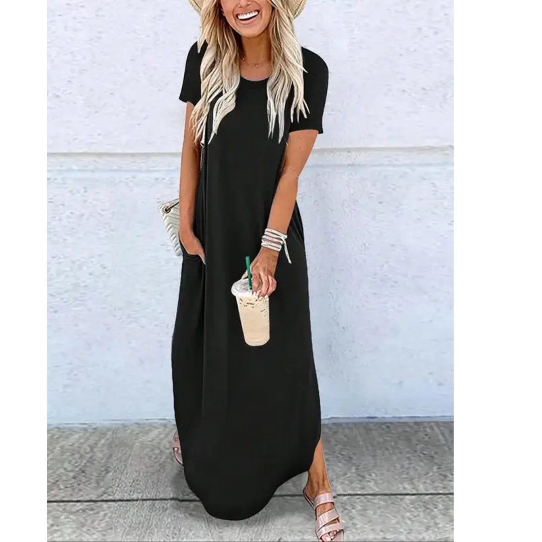 Women's Casual Maxi Dress with Round Neck and Flowing Fit