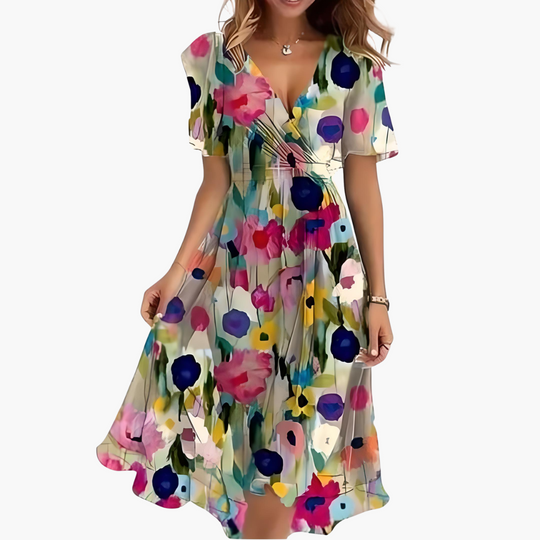 Women’s Midi Dress with V-Neckline and Flutter Sleeves
