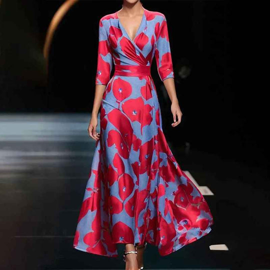 Women's Floral Maxi Dress with V-Neckline and Flowing Fit