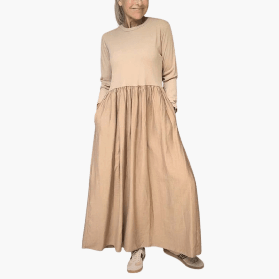 Women's Long Sleeve Midi Dress with Elastic Waist and Pockets