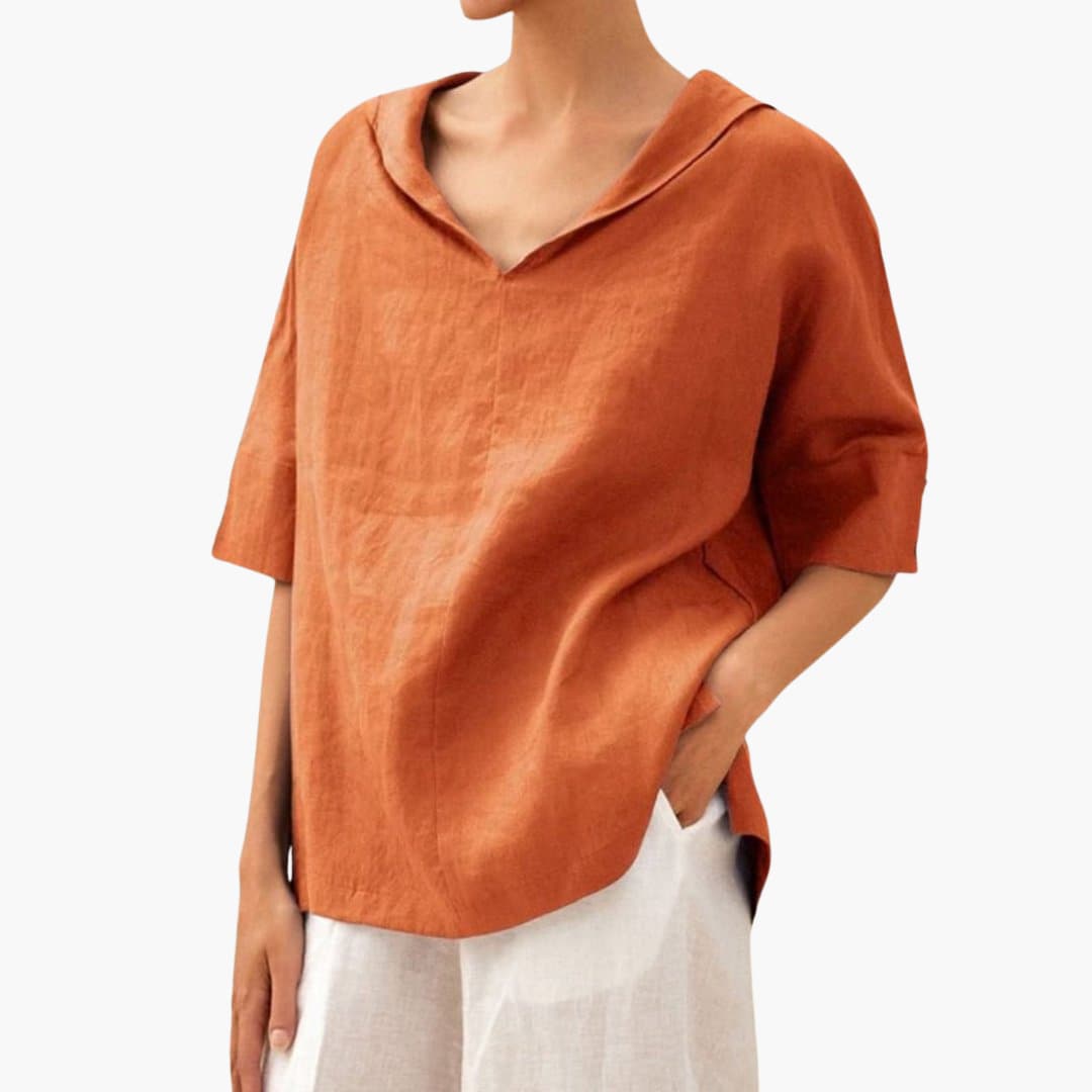 Women’s short sleeve blouse with V-neck and rolled sleeves