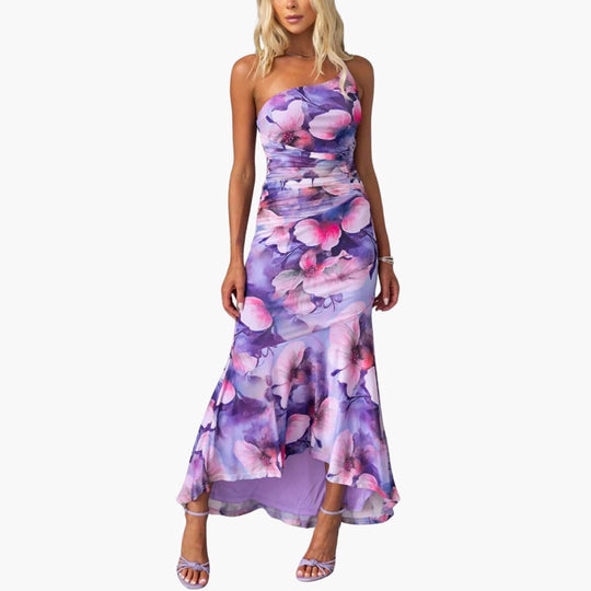 Women’s Midi Dress with Floral Print and Asymmetrical Hem