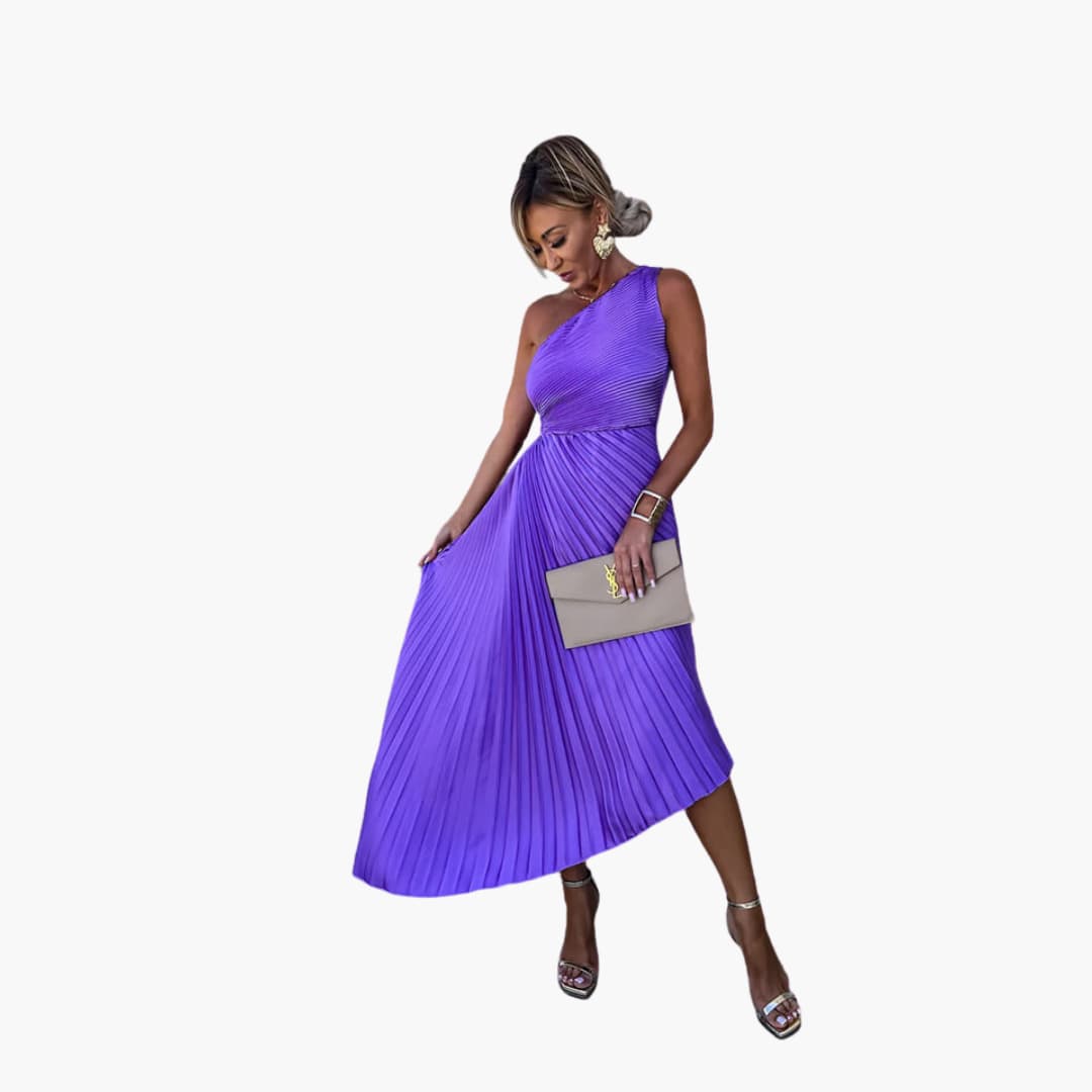 Women's Midi Dress with One-Shoulder Neckline and Pleated Design