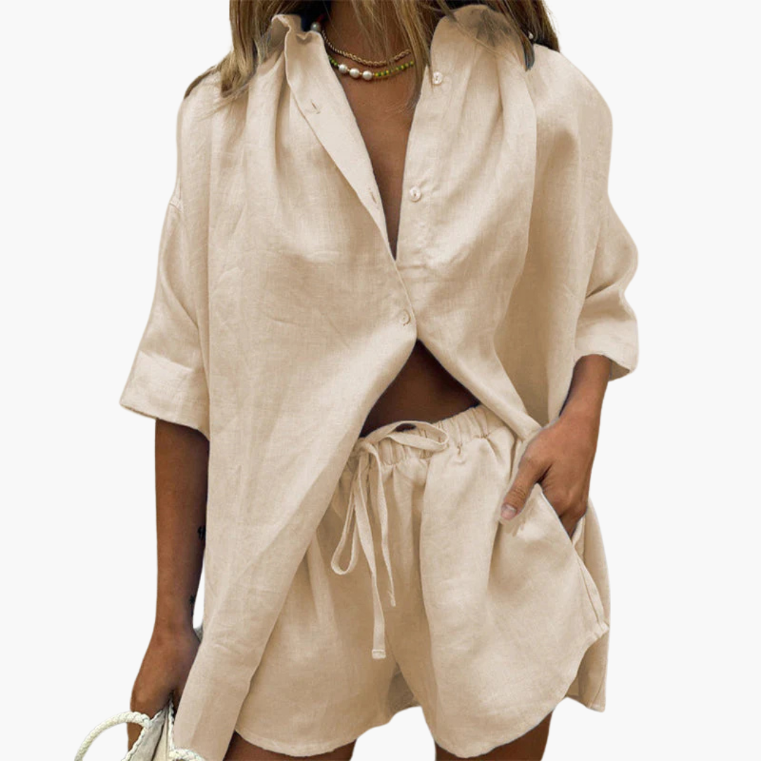 Women’s Two-Piece Set with Button Shirt and Drawstring Shorts