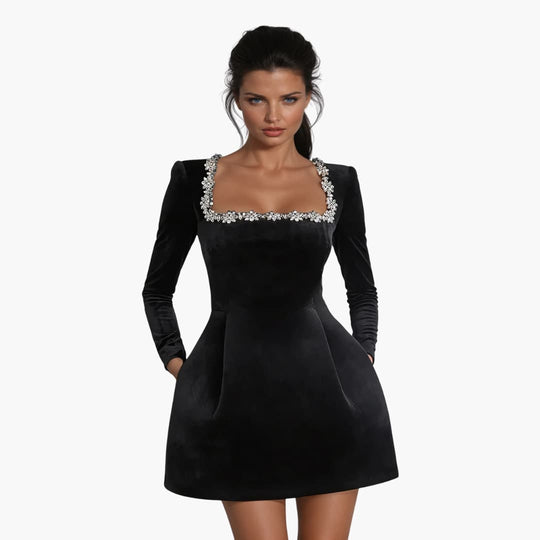 Women's Mini Dress with Square Neckline and Long Sleeves