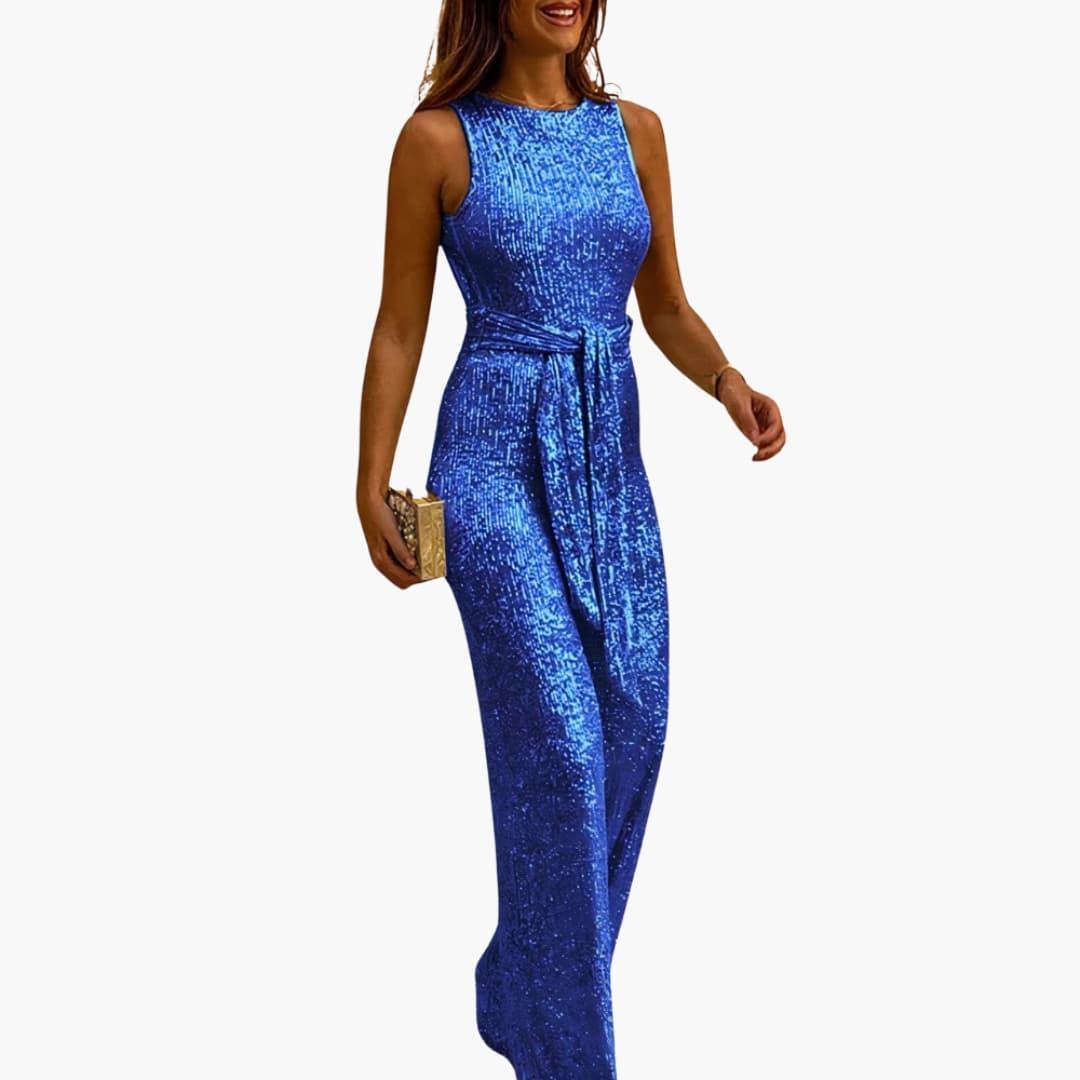Women's Glitter Jumpsuit with Backless Design and Tie Belt