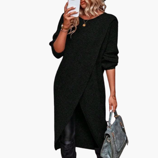 Asymmetrical Hem Sweater Dress - Women's Long Sleeve Knit - Made by Jessica