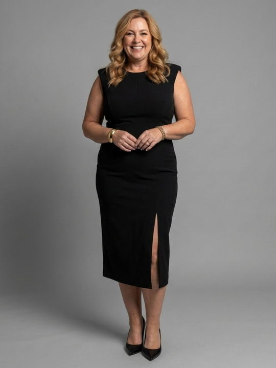 Thessaly | Sleeveless Structured Midi Dress with Front Slit