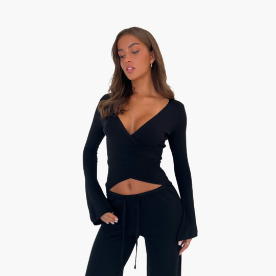 Women’s two-piece set with wrap top and trousers