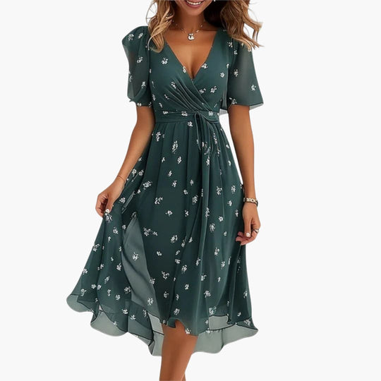 Women’s Midi Dress with Flutter Sleeves and High-Low Hem