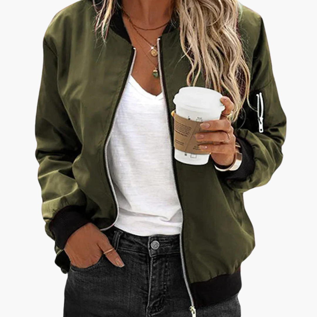 Women’s Bomber Jacket with Zip and Ribbed Detailing