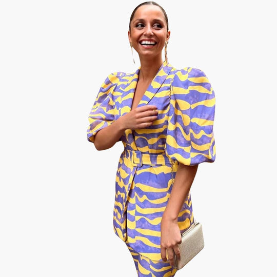 Women's Two-Piece Set with Blazer-Style Top and Printed Trousers