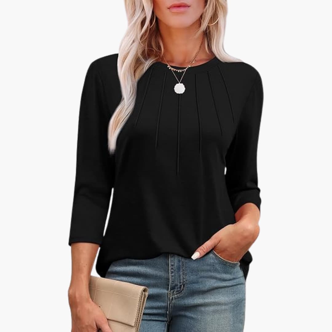 Women's Tunic Top with Pleated Front and 3/4-Length Sleeves