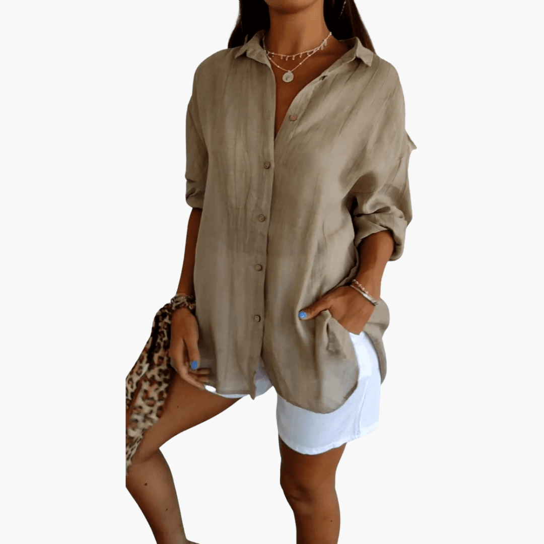 Women’s Long Blouse with Button-Front and Relaxed Fit