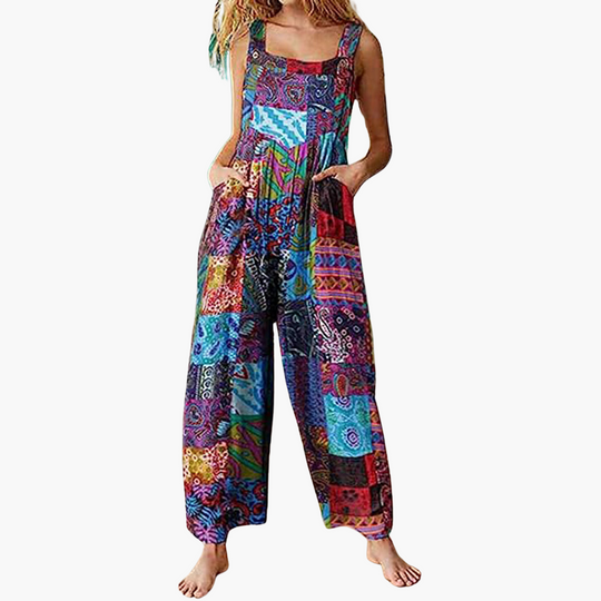 Women’s Patchwork Jumpsuit with Sleeveless Design and Wide-Leg Cut