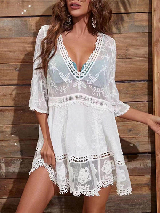 Women's Beach Vacation Cover-Up Dress with Lace Detailing and Loose Fit