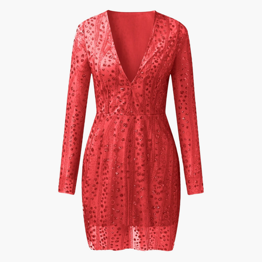 Women’s Sequin Mini Dress with Deep V-Neckline and Long Sleeves