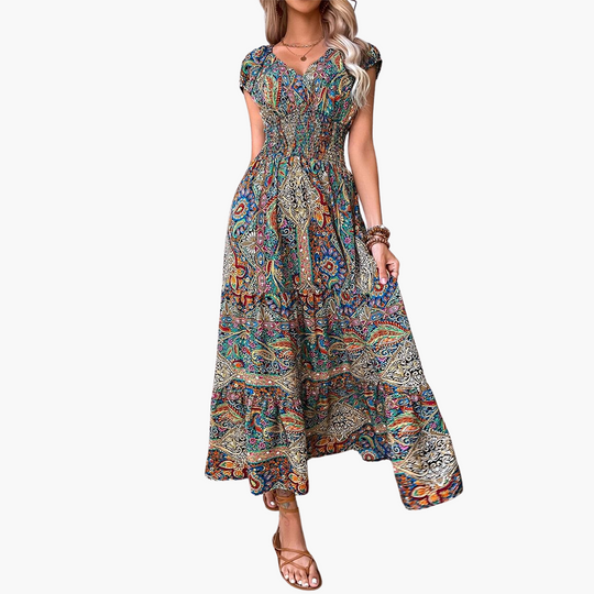 Women’s Maxi Dress with Elasticated Waist and Cap Sleeves