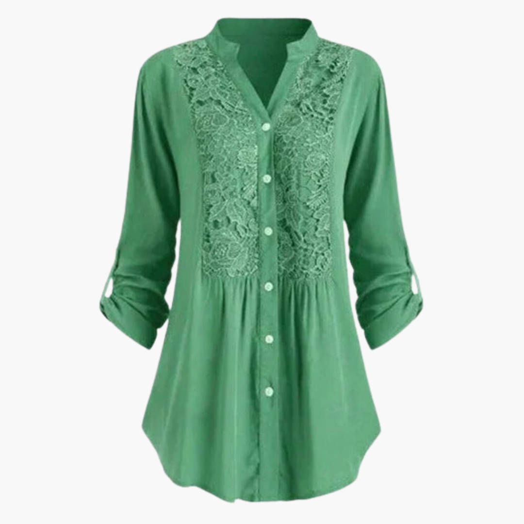 Women’s Long Blouse with Puff Sleeves and Lace Detail