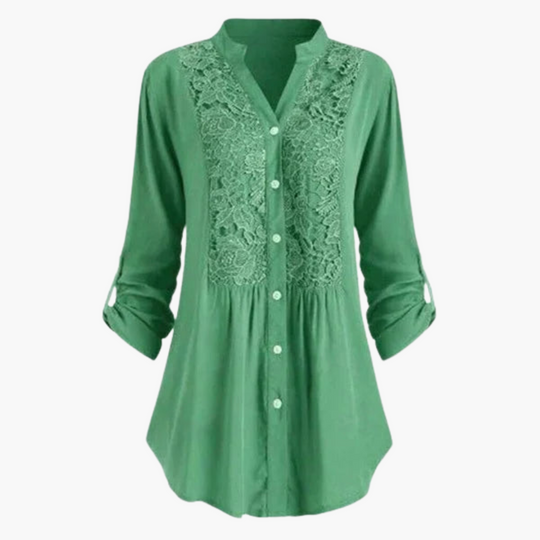 Women’s Long Blouse with Puff Sleeves and Lace Detail