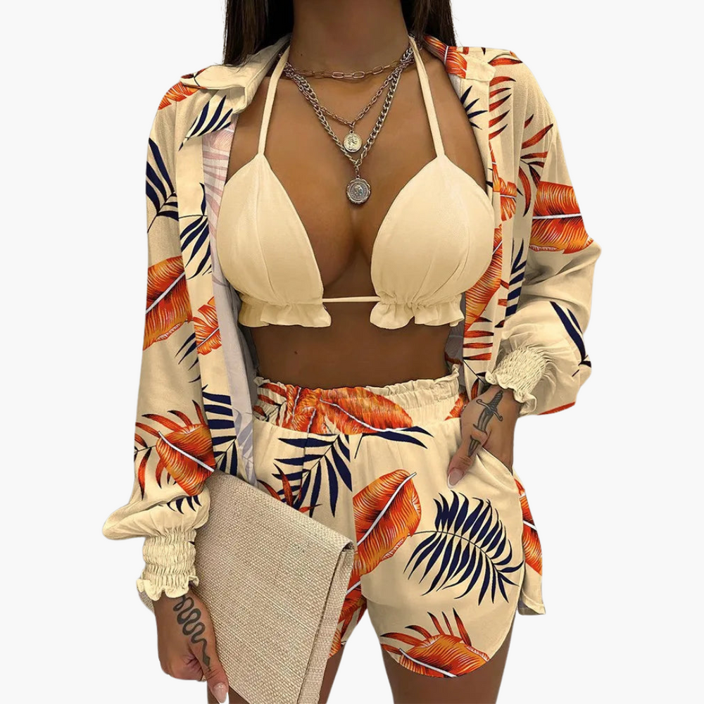 Women’s Beach Set with Ruffled Bikini Top, High-Waisted Shorts, and Cover-Up