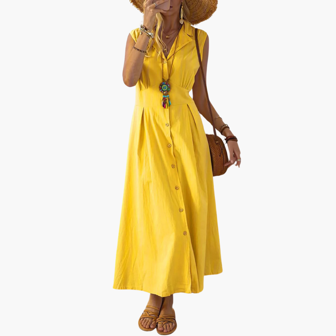 Button-Down Collared Midi Dress – Women's V-Neck Summer Style - Made by Jessica