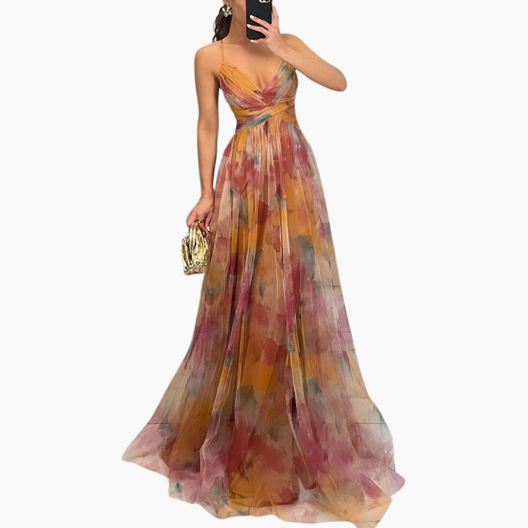 Women’s Maxi Dress with Floral Print and Fitted Waist
