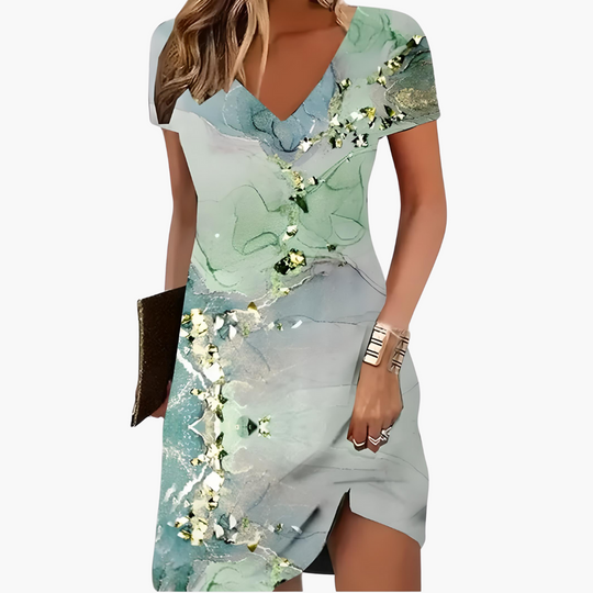 Women’s Short Dress with V Neckline and Asymmetric Hem