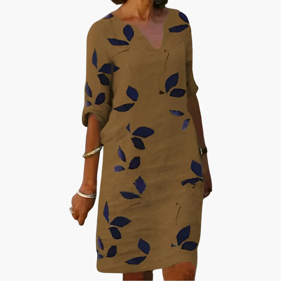 Women’s Short Dress with V-Neckline and Rolled Sleeves