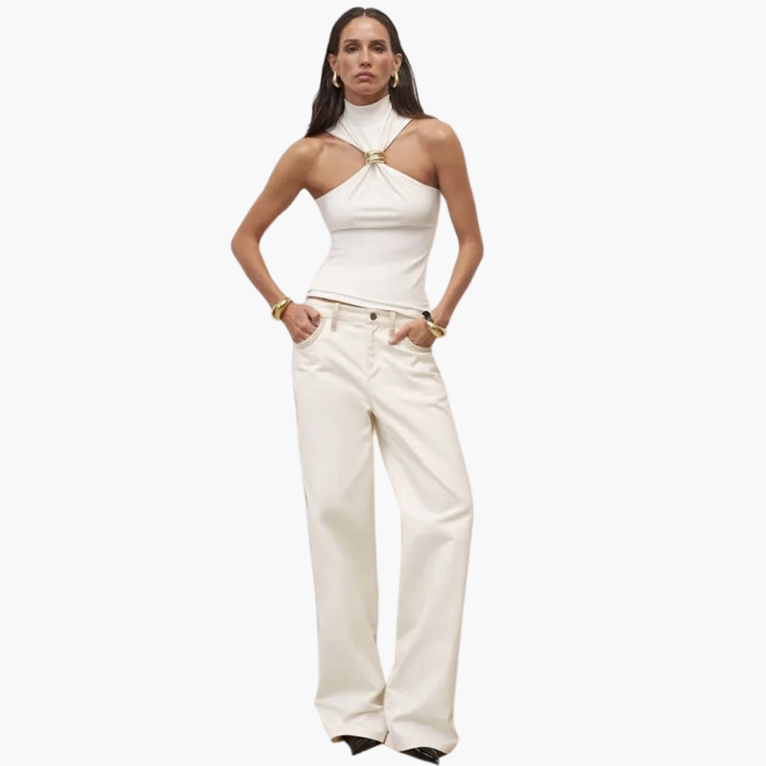 Women’s Halter Top with High Neck and Gold Accent