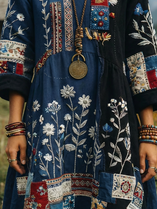 Alix | Embroidered Panel Long Sleeve Midi Dress