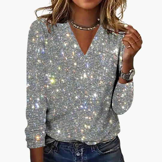 Women’s Glitter Top with V-Neckline and Diamond-Inspired Accents