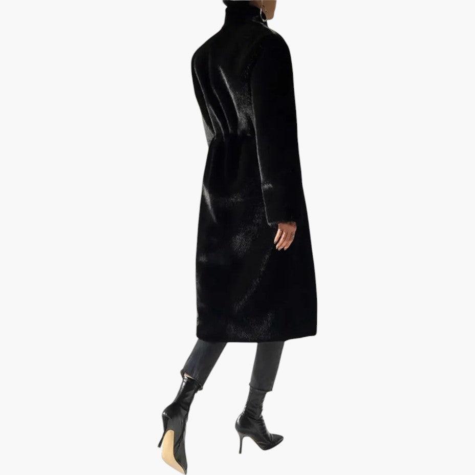 Women’s Full-Length Coat with Concealed Buttons and Faux Fur