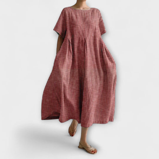 Women's Midi Dress with Pleated Waist and Side Pockets