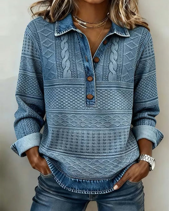 Women's Sweatshirt with Half Button and Denim-Style Collar