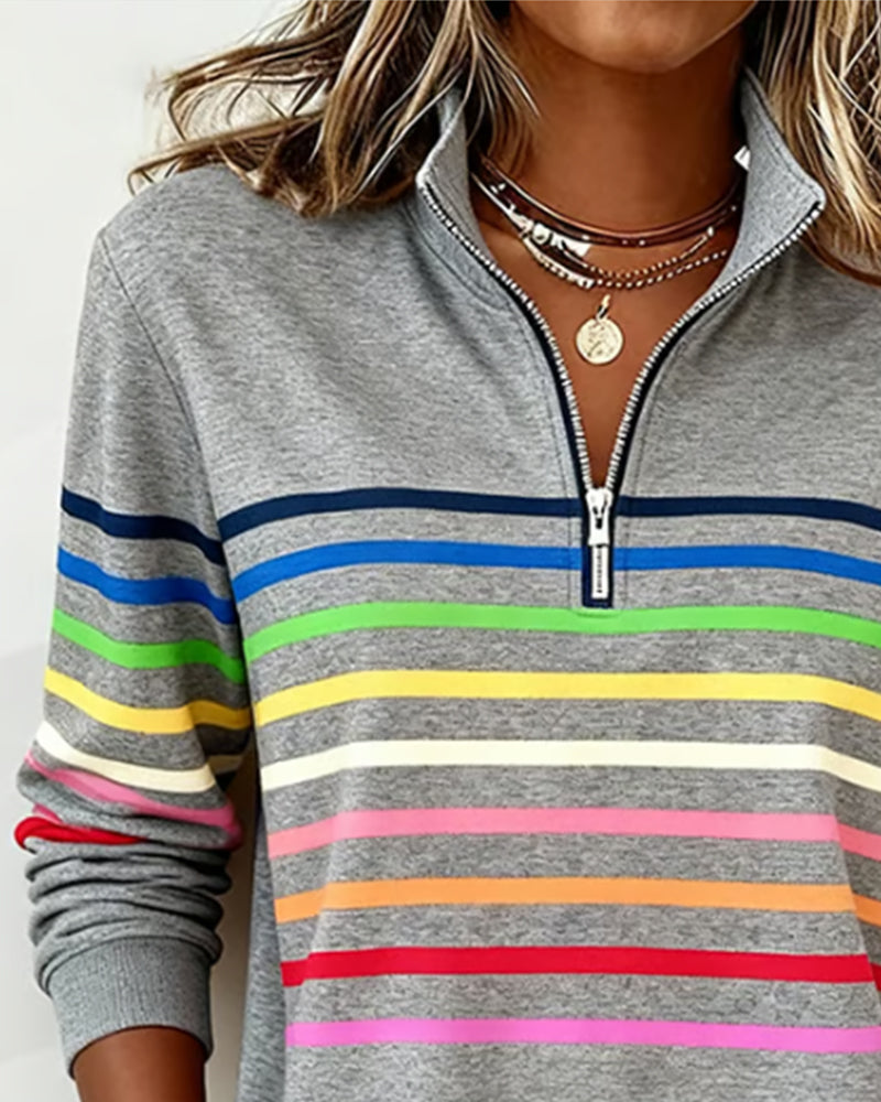 Women's Sweatshirt with Stripes and Half-Zip Design