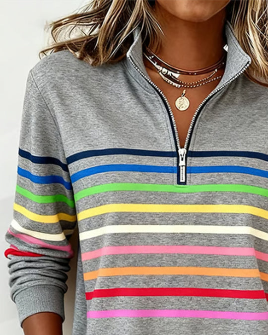 Women's Sweatshirt with Stripes and Half-Zip Design
