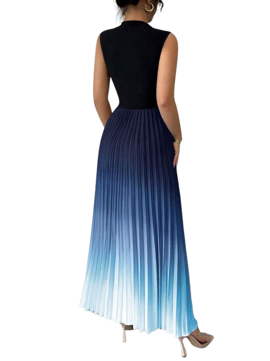 Women's Sleeveless Evening Dress with Pleated Skirt and Ombre Design