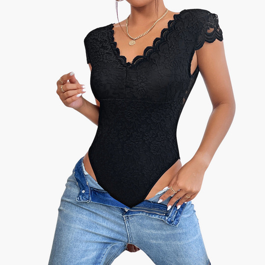 Women’s Lace Bodysuit with V-Neck and Fitted Silhouette