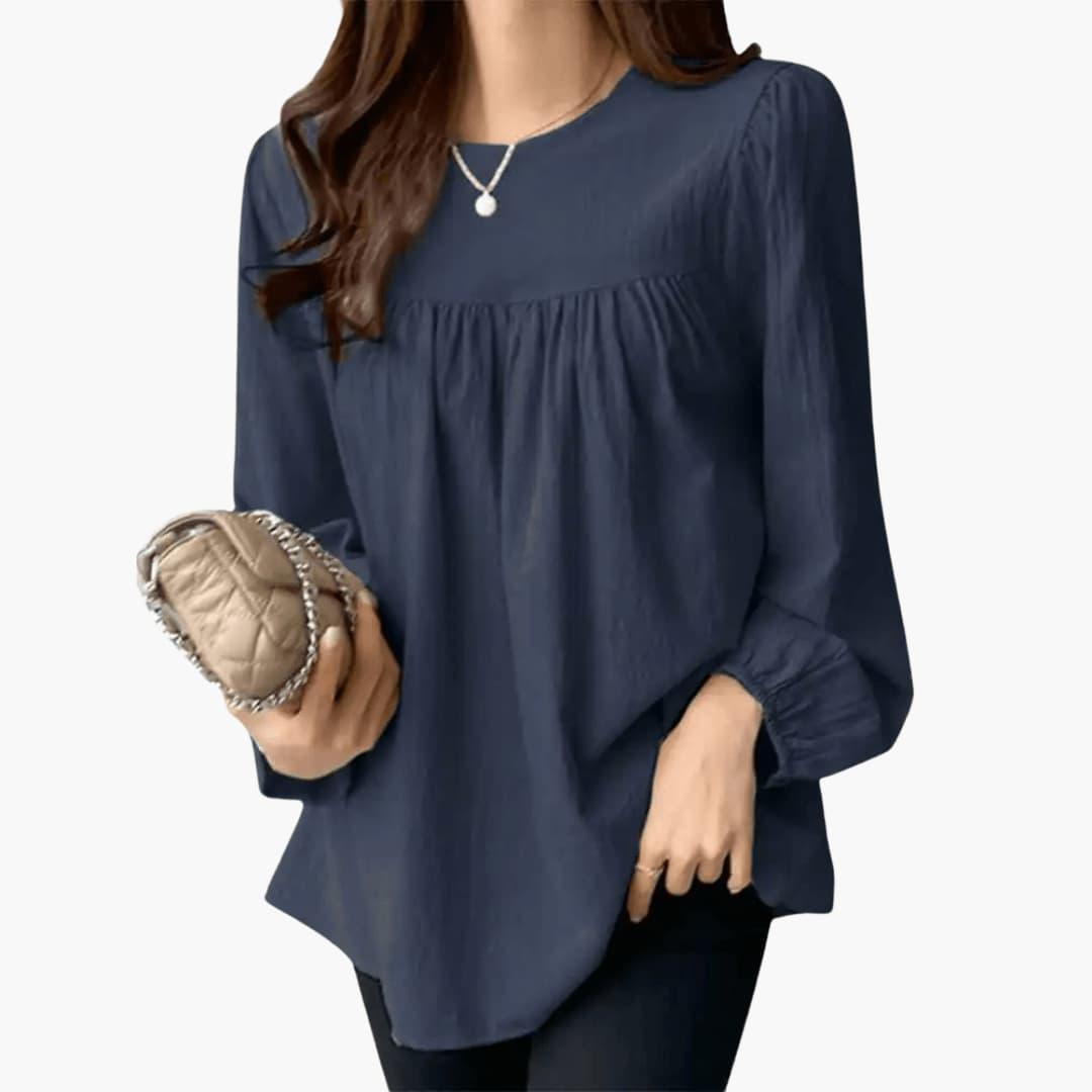 Women's Long Sleeve Blouse with Gathered Waistline and Flowy Fit